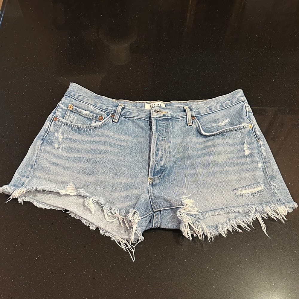 Agolde Parker Light Blue Distressed Jean Shorts (Size: 32): Button Fly